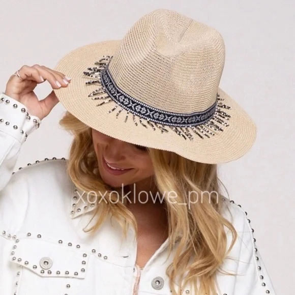 POL Natural + Decorative Beaded Fringe Band Woven Sun Hat - Picture 1 of 13